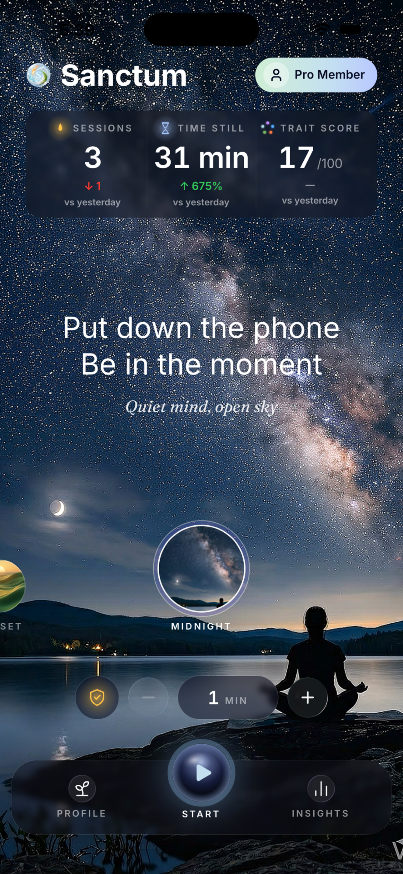 Sanctum home screen, Midnight theme, 5 minute timer ready to begin